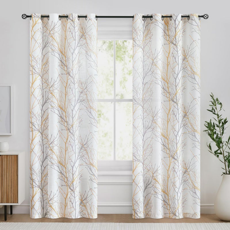 FMFUNCTEX Linen Semi Sheer Curtains for Bedroom, Yellow White Curtains 108 Inches Long for Living Room, Grey Tree Branch Print Curtain Light Filtering Extra Long Window Drapes, Grommet Top 2 Panels - Image 2
